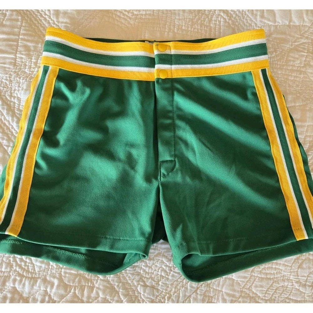 Vintage Felco Boxing Shorts Mens Medium Green Yellow Striped High Rise Snap EUC